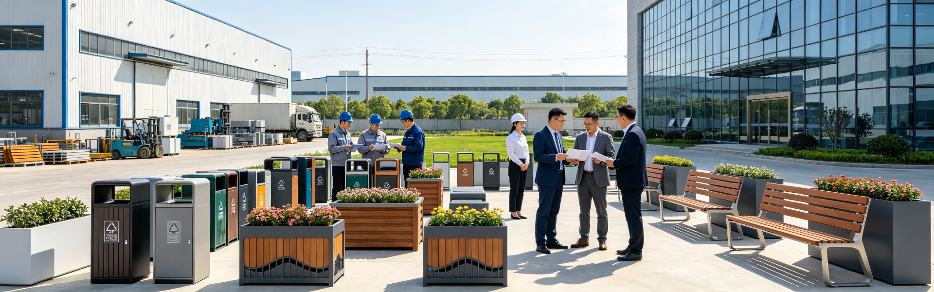 AOTUDE project delivery scene with clients reviewing site furniture