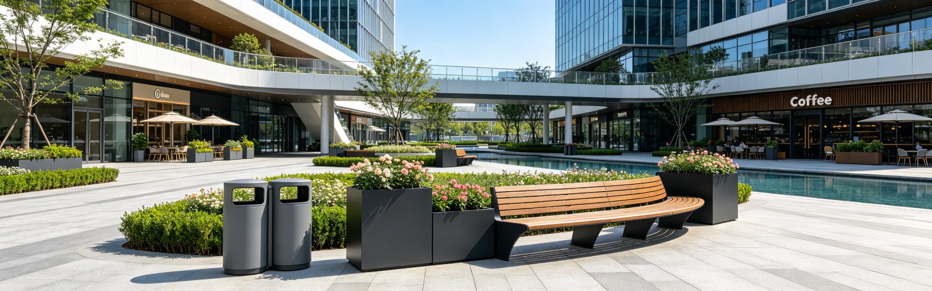 AOTUDE benches, planters and litter bins furnishing a modern commercial plaza